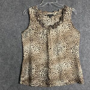 Notations Leopard Silky Tank Top Women M Ruffle Scoop Neckline Fitted
